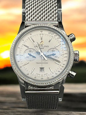 Breitling 38mm Transocean Chronograph Steel Diamond Bezel / Milanese (A4131053/G757-171A)