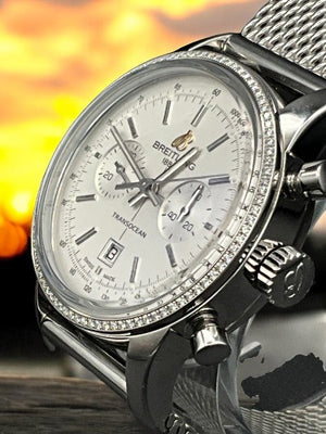 Breitling 38mm Transocean Chronograph Steel Diamond Bezel / Milanese (A4131053/G757-171A)